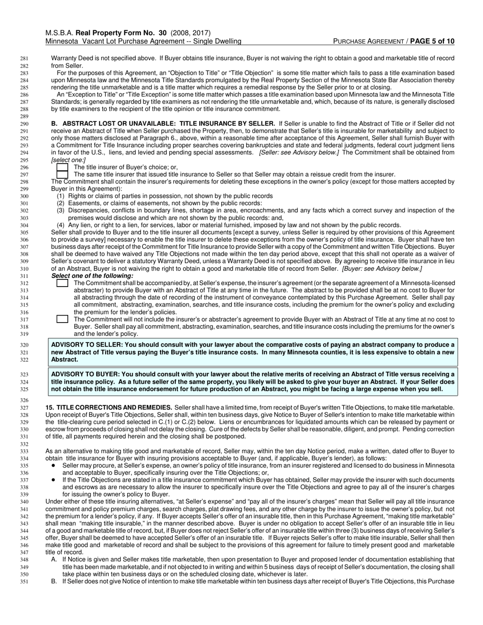 Form RPF30 Minnesota Vacant Lot Purchase Agreement - Single Dwelling - Minnesota, Page 5