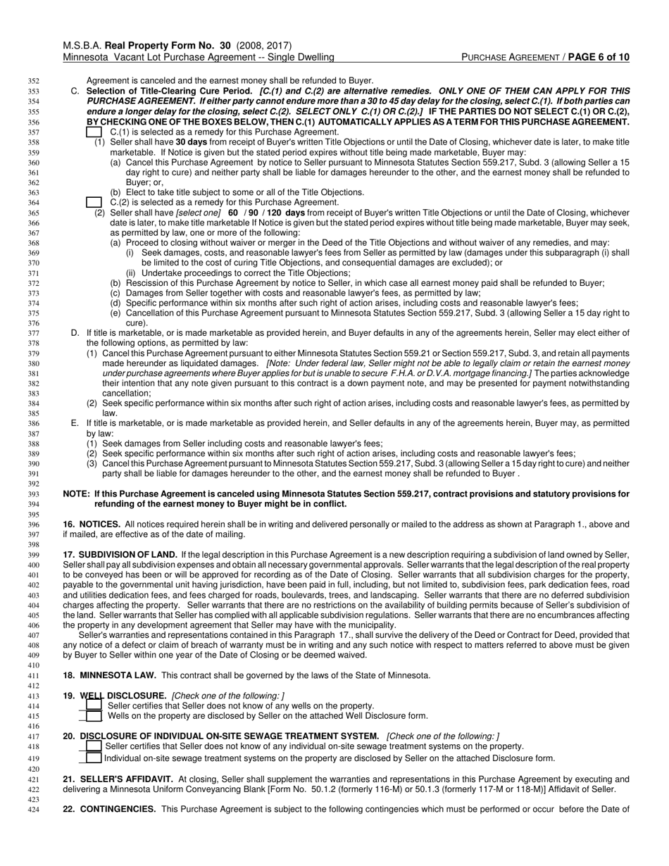 Form RPF30 Minnesota Vacant Lot Purchase Agreement - Single Dwelling - Minnesota, Page 6