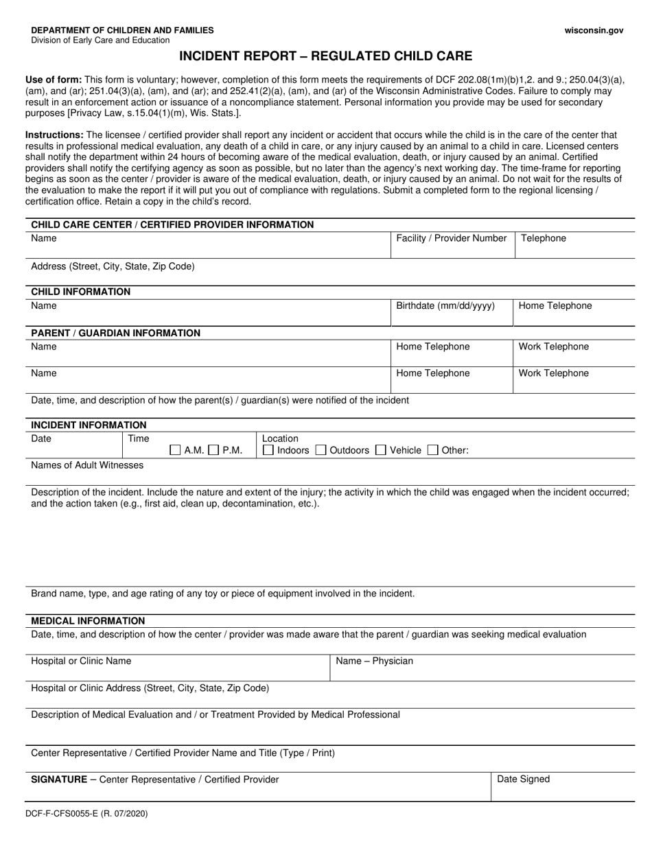 Form DCF-F-CFS0055 Incident Report - Regulated Child Care - Wisconsin, Page 1