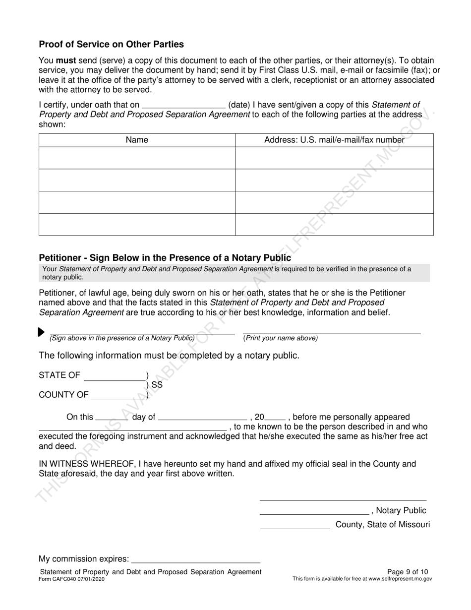 Form CAFC040 Statement of Property and Debt and Proposed Separation Agreement (For Use in Dissolution of Marriage Cases) - Missouri, Page 10