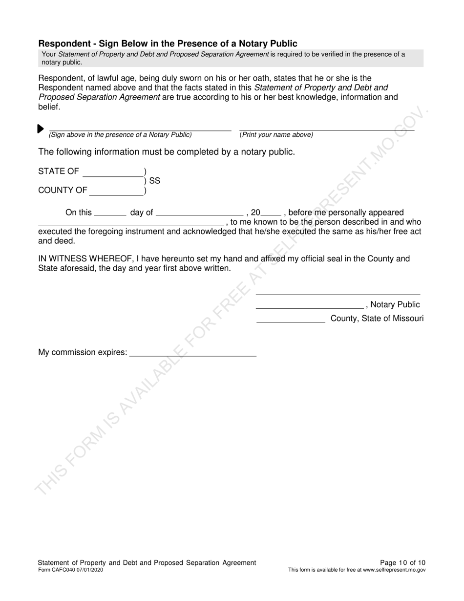 Form CAFC040 Statement of Property and Debt and Proposed Separation Agreement (For Use in Dissolution of Marriage Cases) - Missouri, Page 11
