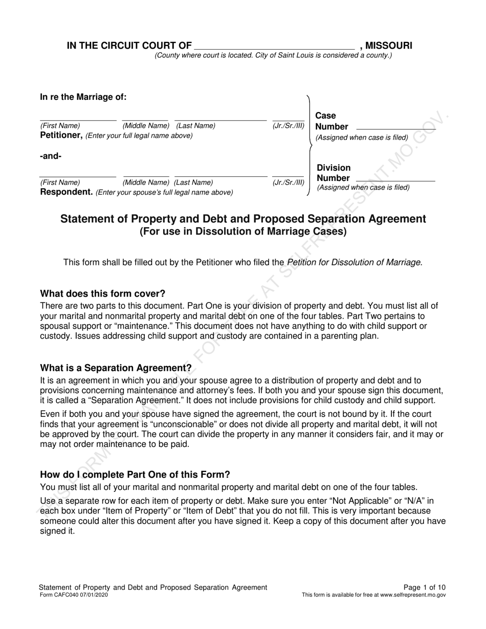 Form CAFC040 Statement of Property and Debt and Proposed Separation Agreement (For Use in Dissolution of Marriage Cases) - Missouri, Page 1