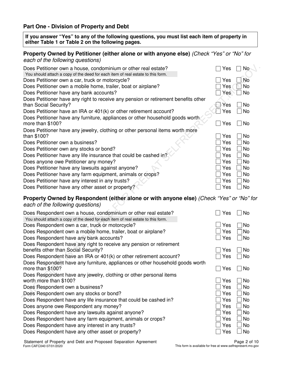 Form CAFC040 Statement of Property and Debt and Proposed Separation Agreement (For Use in Dissolution of Marriage Cases) - Missouri, Page 2