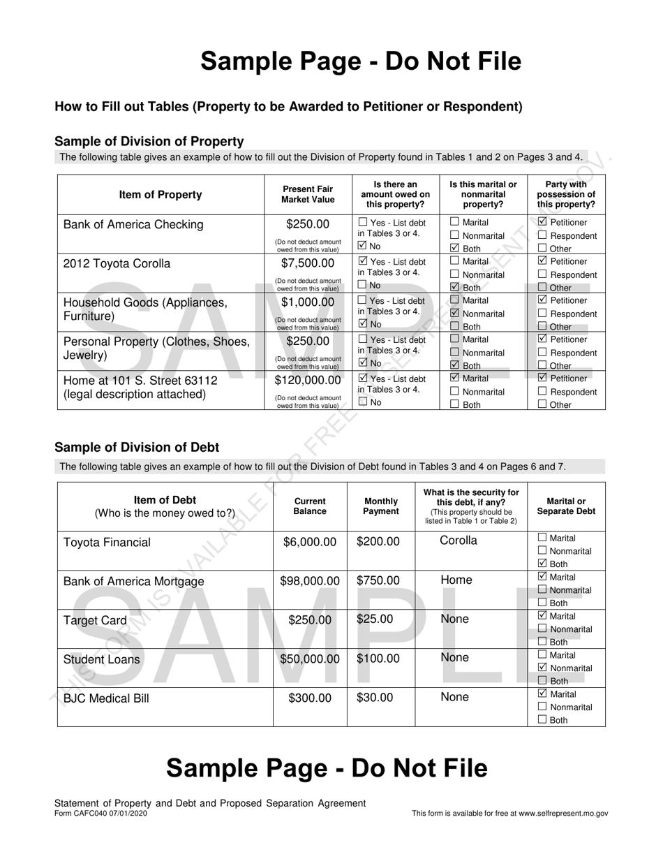 Form CAFC040 Statement of Property and Debt and Proposed Separation Agreement (For Use in Dissolution of Marriage Cases) - Missouri, Page 3