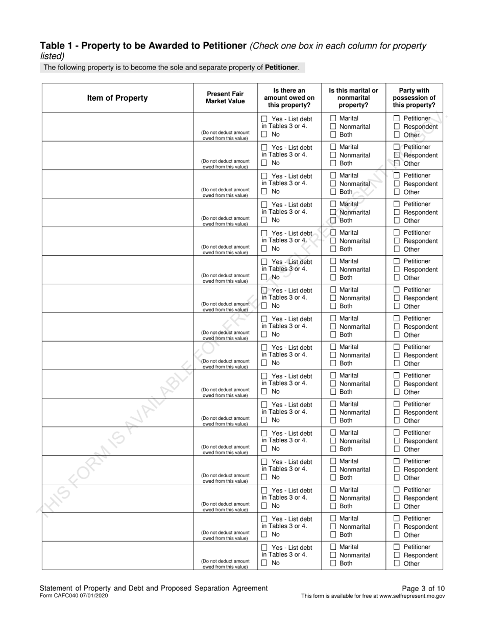 Form CAFC040 Statement of Property and Debt and Proposed Separation Agreement (For Use in Dissolution of Marriage Cases) - Missouri, Page 4