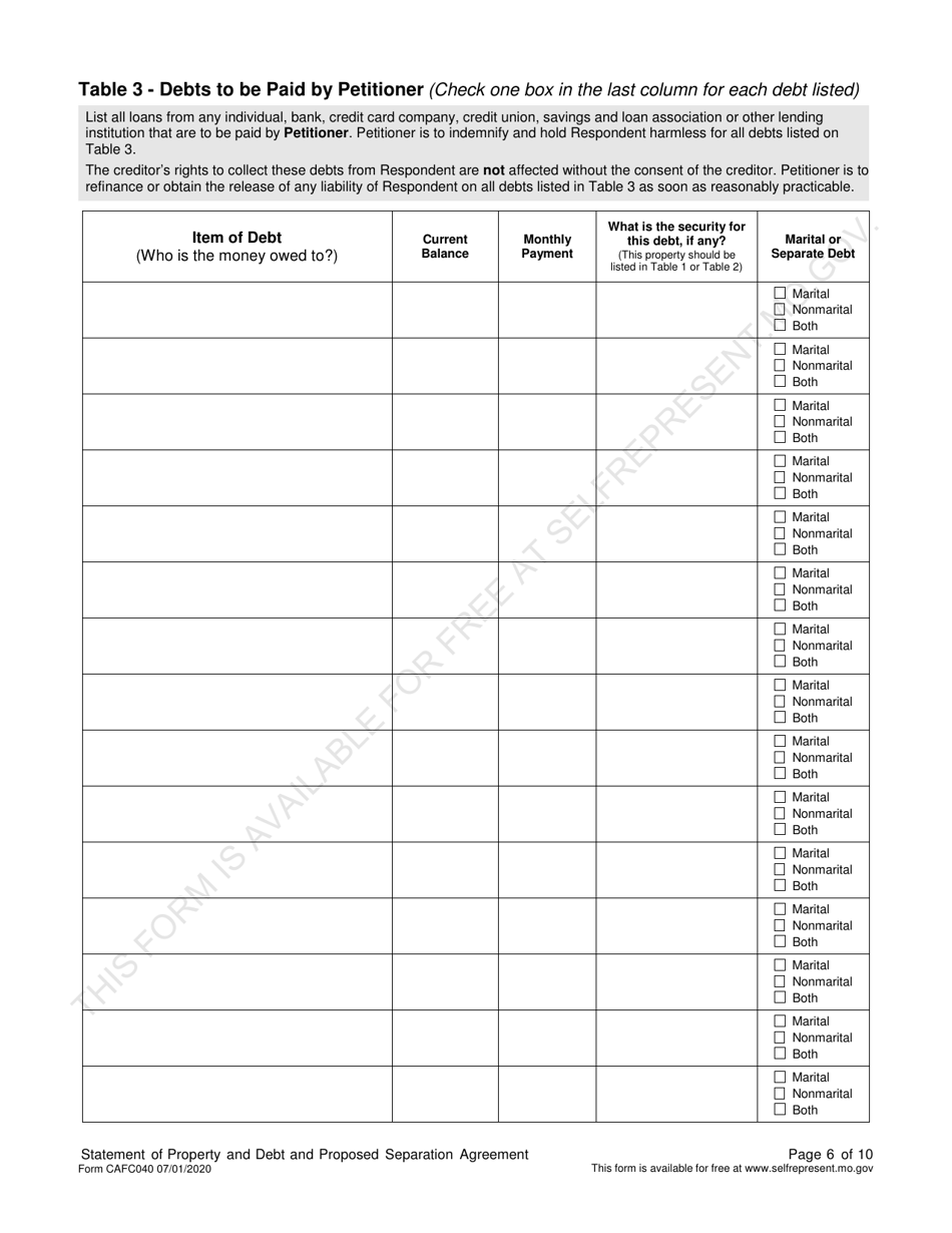 Form CAFC040 Statement of Property and Debt and Proposed Separation Agreement (For Use in Dissolution of Marriage Cases) - Missouri, Page 7
