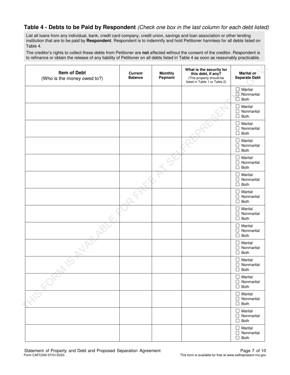 Form CAFC040 Statement of Property and Debt and Proposed Separation Agreement (For Use in Dissolution of Marriage Cases) - Missouri, Page 8