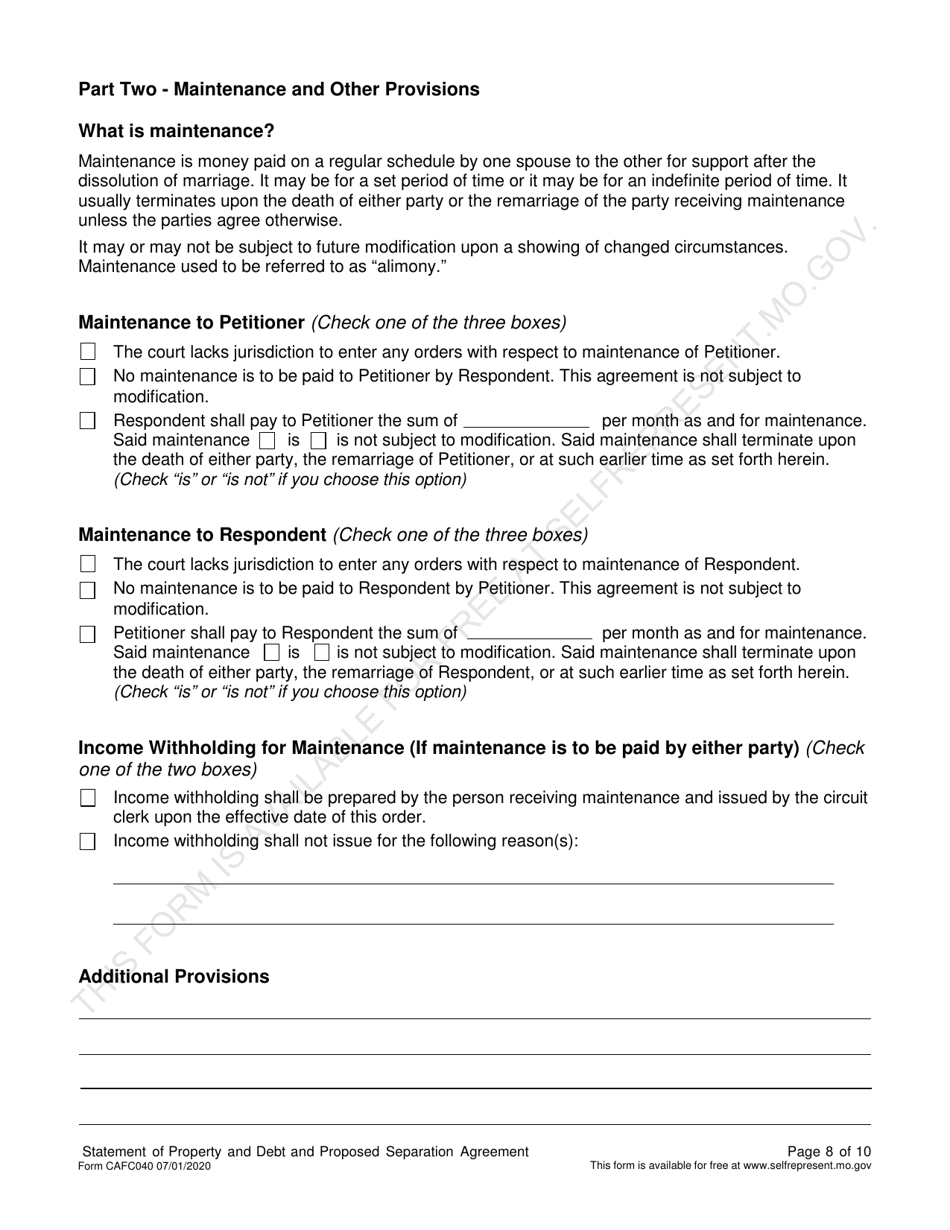 Form CAFC040 Statement of Property and Debt and Proposed Separation Agreement (For Use in Dissolution of Marriage Cases) - Missouri, Page 9