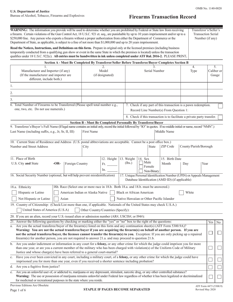 ATF Form 4473 Firearms Transaction Record, Page 1