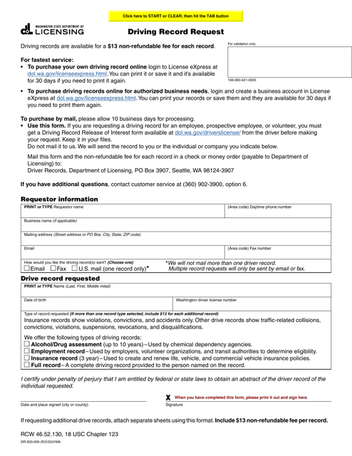Form DR-500-009 Driving Record Request - Washington