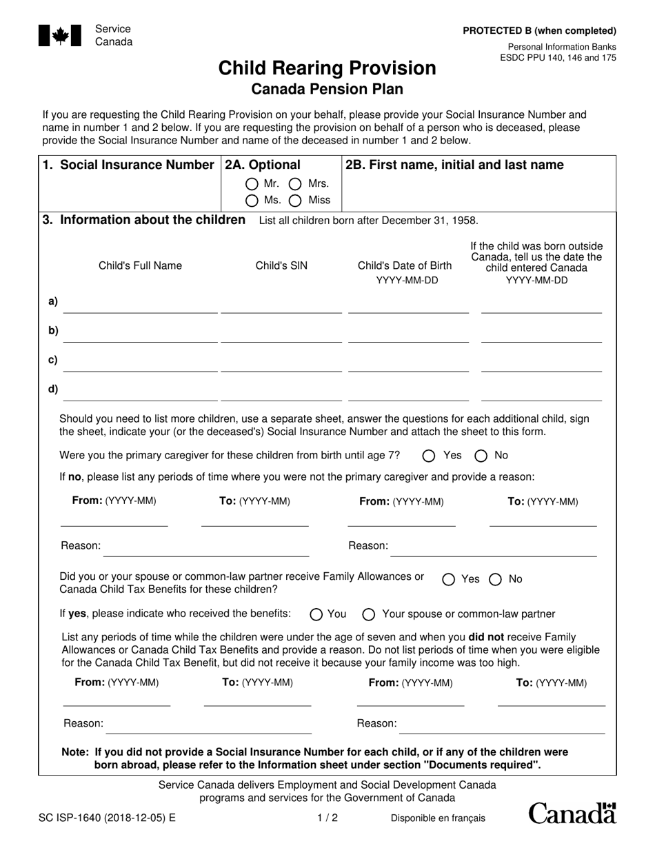 Form SC ISP-1640 Child Rearing Provision Canada Pension Plan - Canada, Page 1