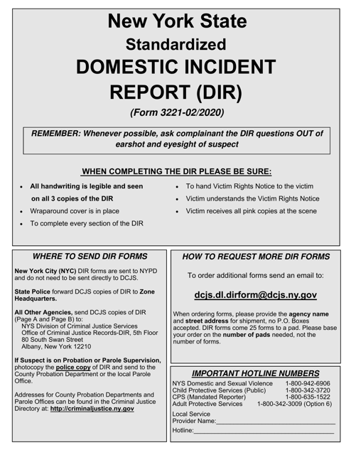 Form 3221 Domestic Incident Report - New York (English/Spanish/Russian/Chinese)