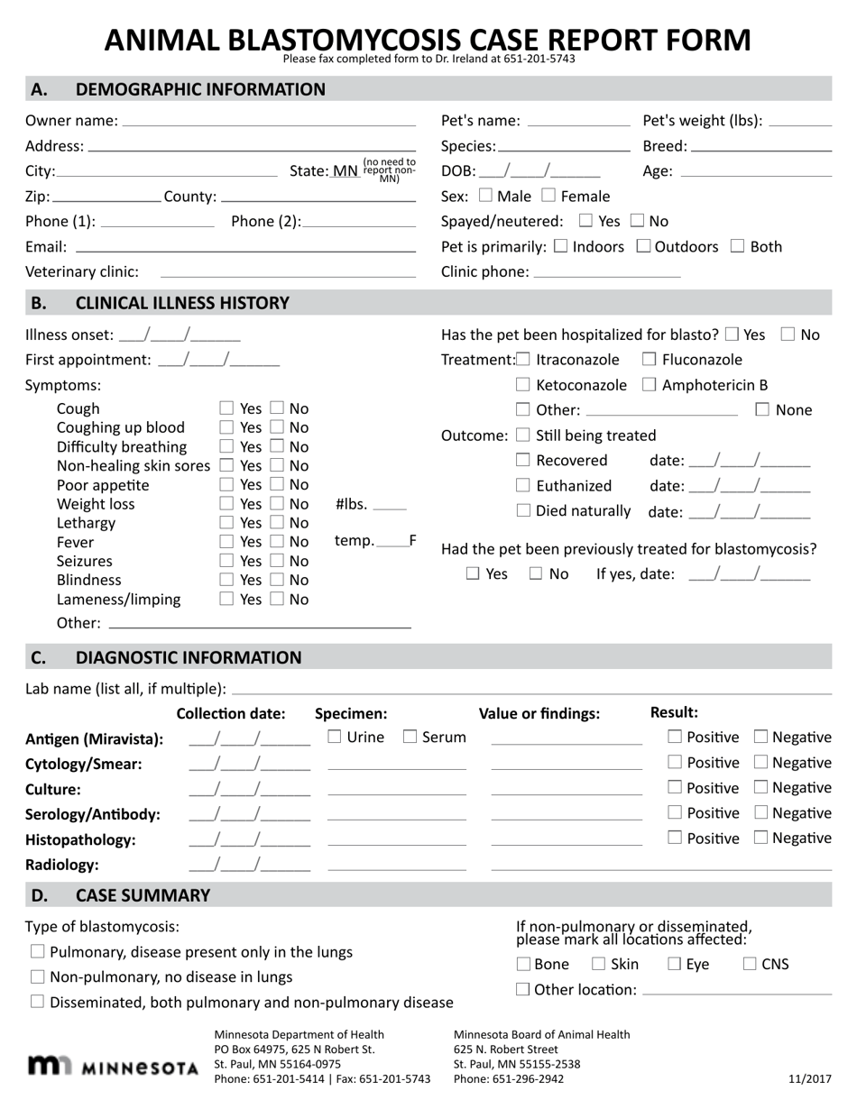 Minnesota Animal Blastomycosis Case Report Form - Fill Out, Sign Online ...