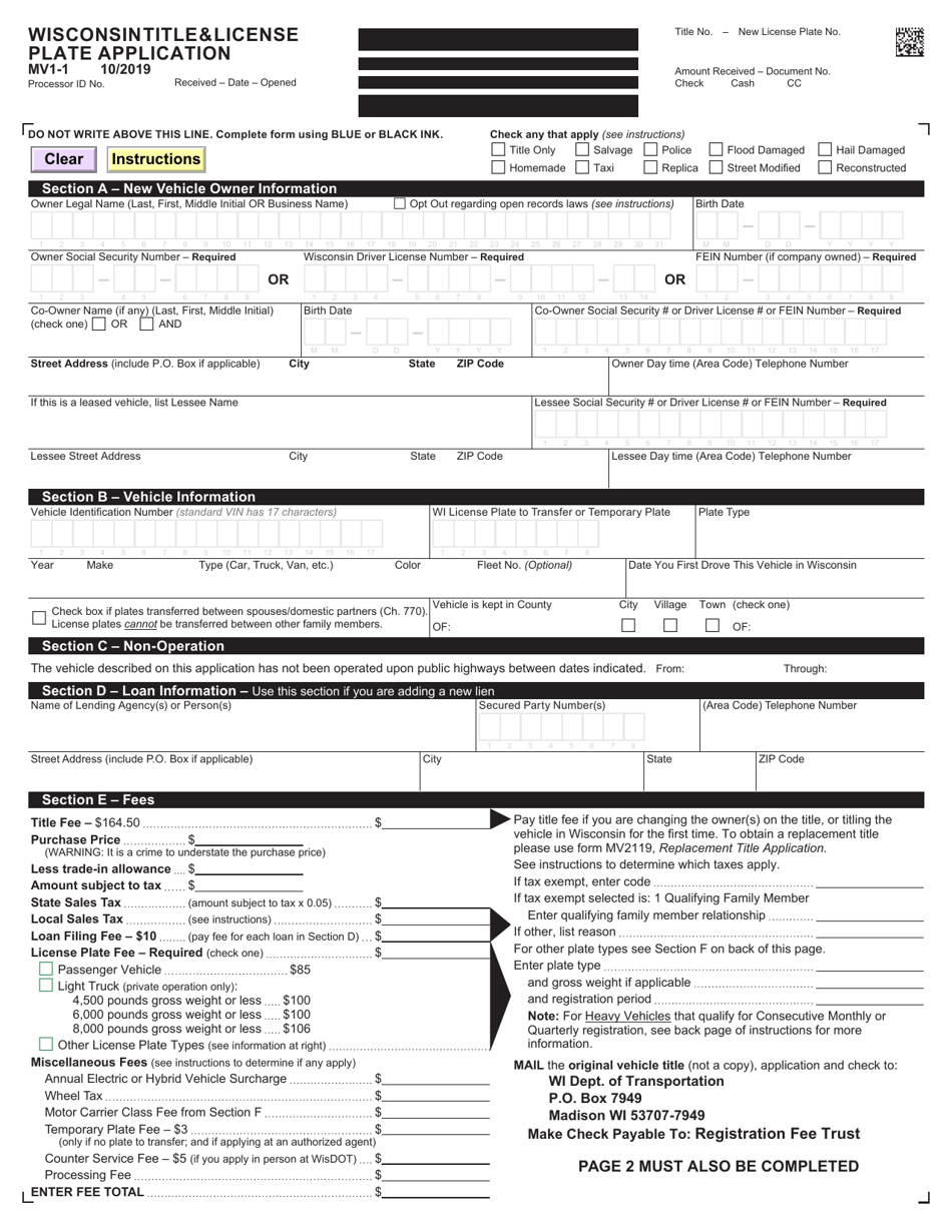 Form MV1-1 Wisconsin Title  License Plate Application - Wisconsin, Page 3