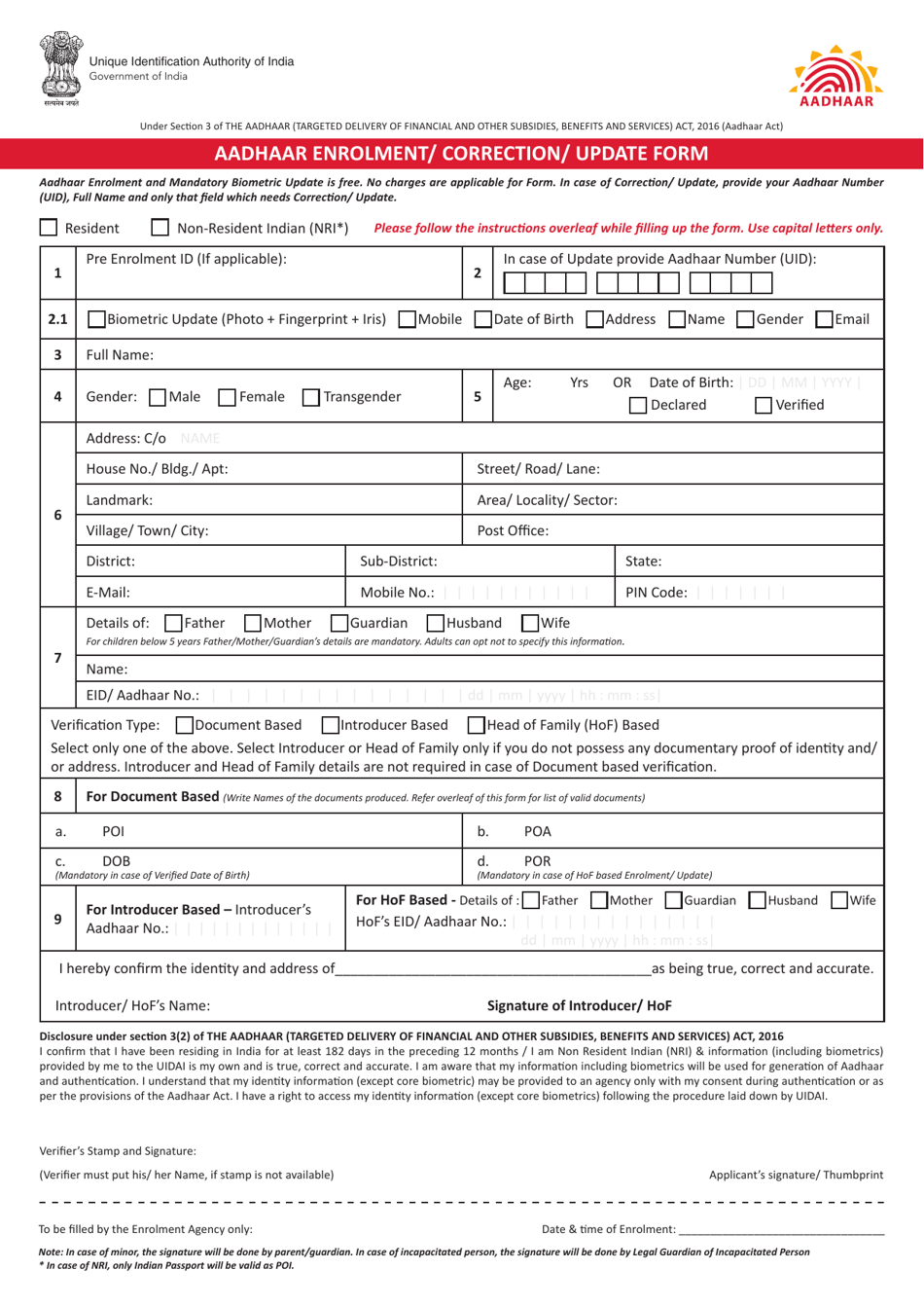 Aadhaar Enrolment / Correction / Update Form - India, Page 1
