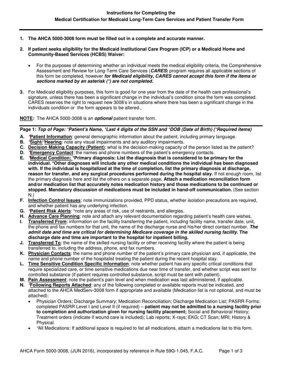ACHA Form 5000-3008 Medical Certification for Medicaid Long-Term Care Services and Patient Transfer Form - Florida, Page 1