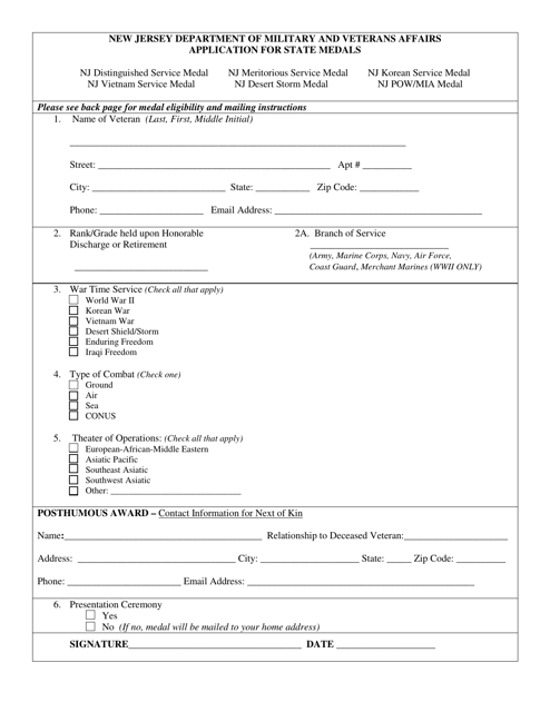 Application for State Medals - New Jersey Download Pdf