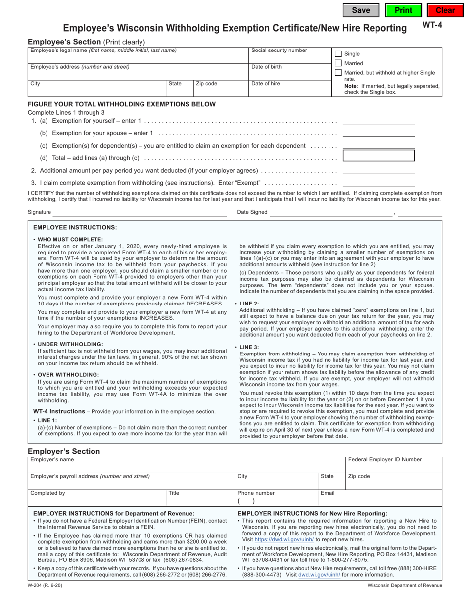 Form WT-4 Employees Wisconsin Withholding Exemption Certificate / New Hire Reporting - Wisconsin, Page 1