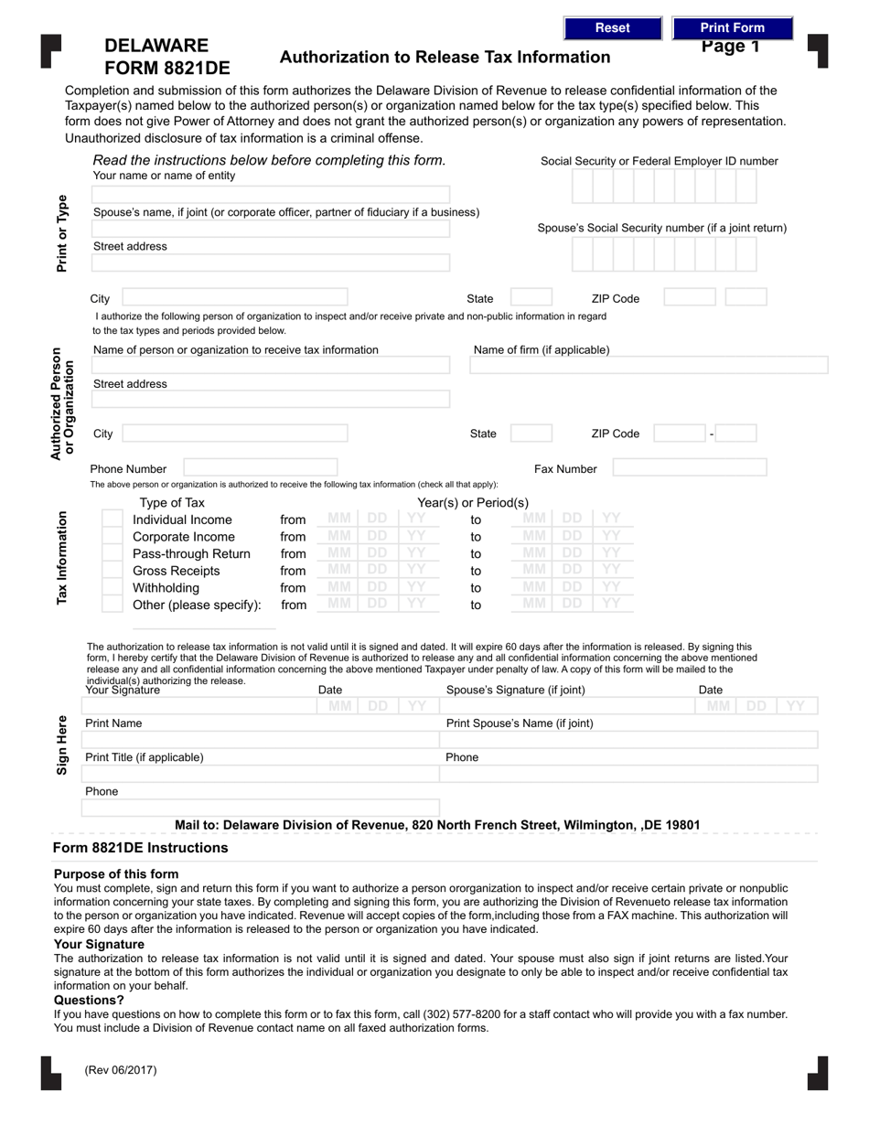 Form 8821DE Authorization to Release Tax Information - Delaware, Page 1