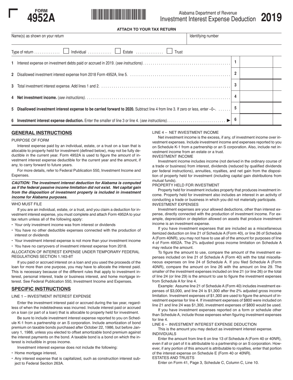 Form 4952A Investment Interest Expense Deduction - Alabama, Page 1