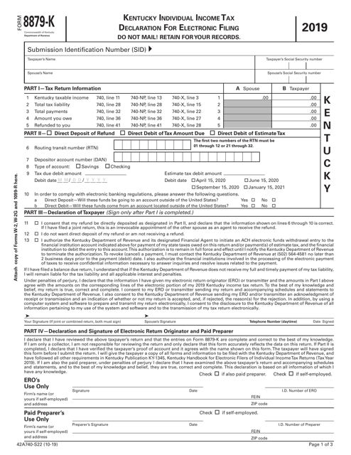 Form 8879-K (42A740-S22) Kentucky Individual Income Tax Declaration for Electronic Filing - Kentucky, 2019
