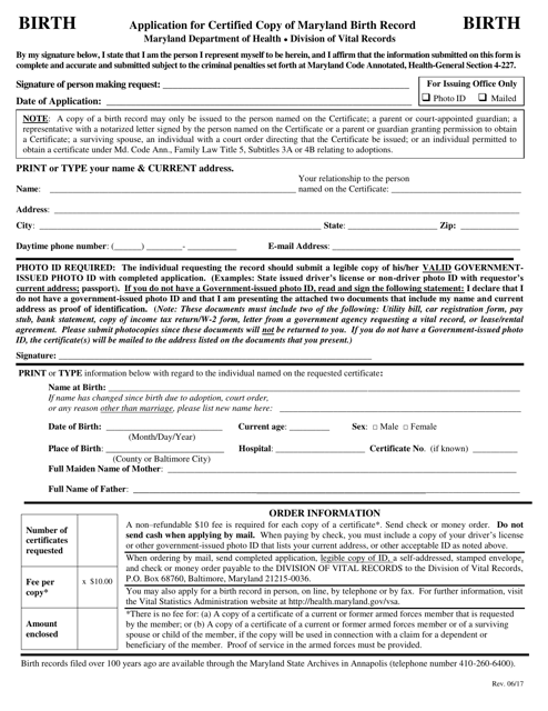 &quot;Application for Certified Copy of Maryland Birth Record&quot; - Maryland Download Pdf