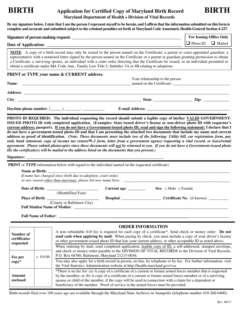 Application for Certified Copy of Maryland Birth Record - Maryland, Page 1