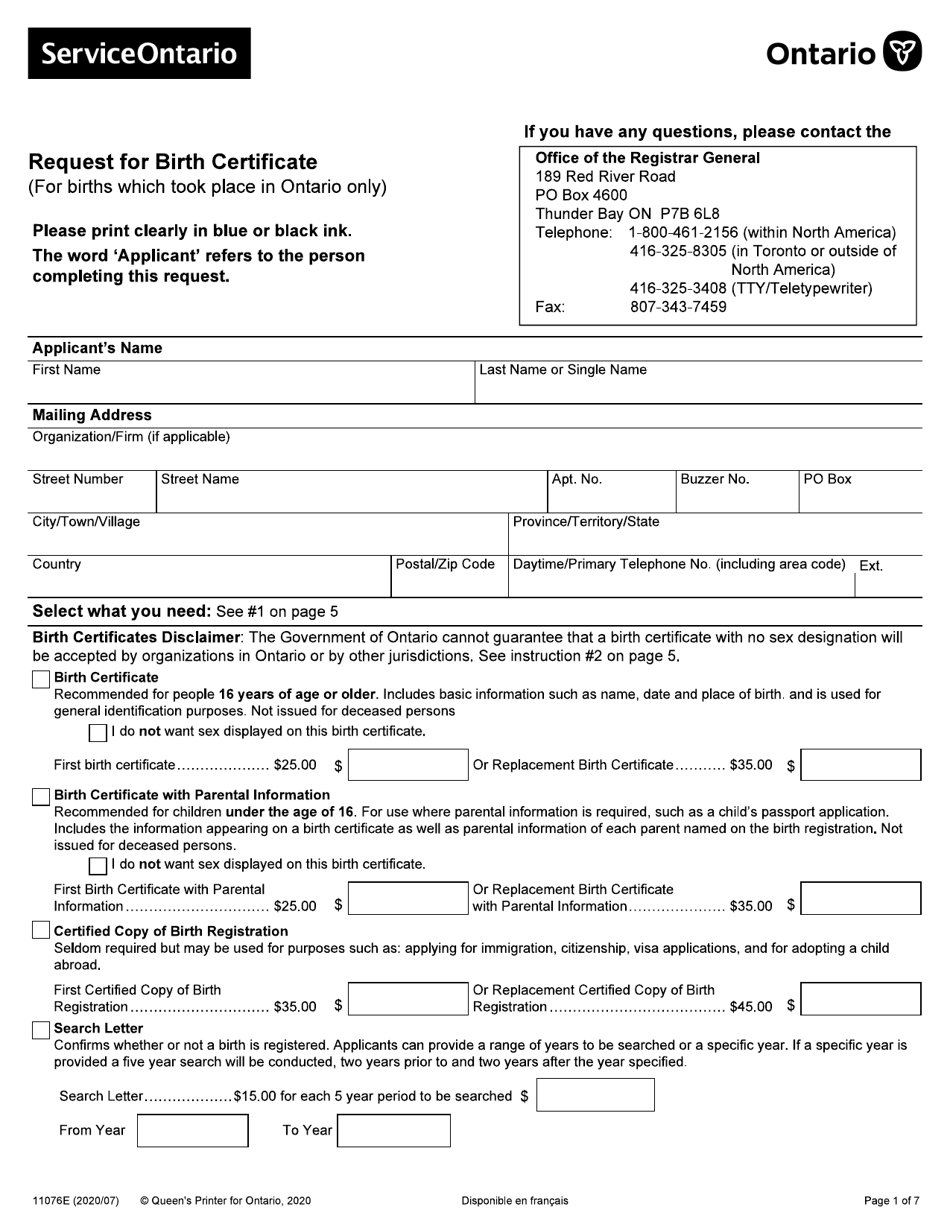 Form 11076E Request for Birth Certificate - Ontario, Canada, Page 1