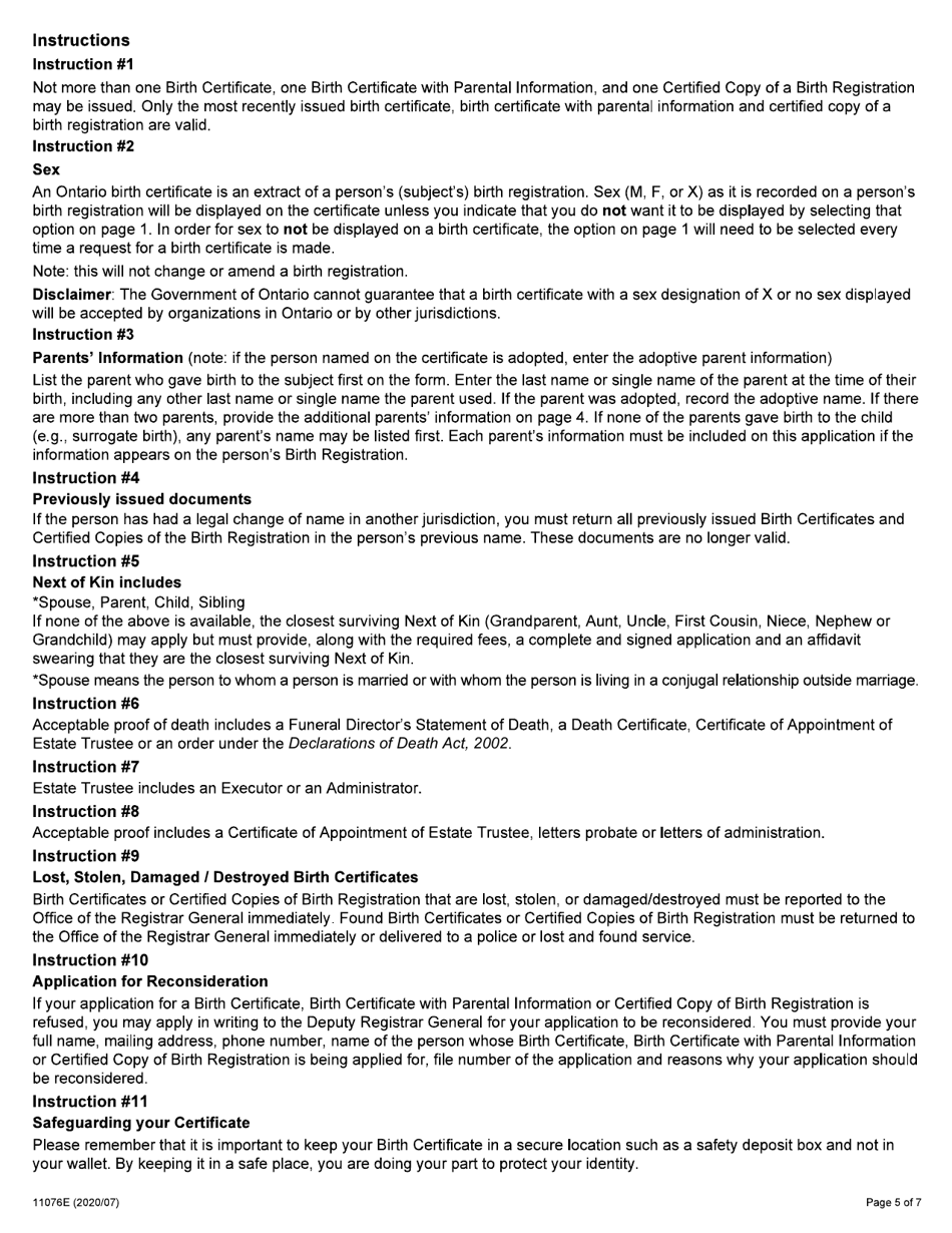 Form 11076E Request for Birth Certificate - Ontario, Canada, Page 5
