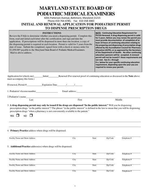 "Initial and Renewal Application for Podiatrist Permit to Dispense Prescription Drugs" - Maryland Download Pdf