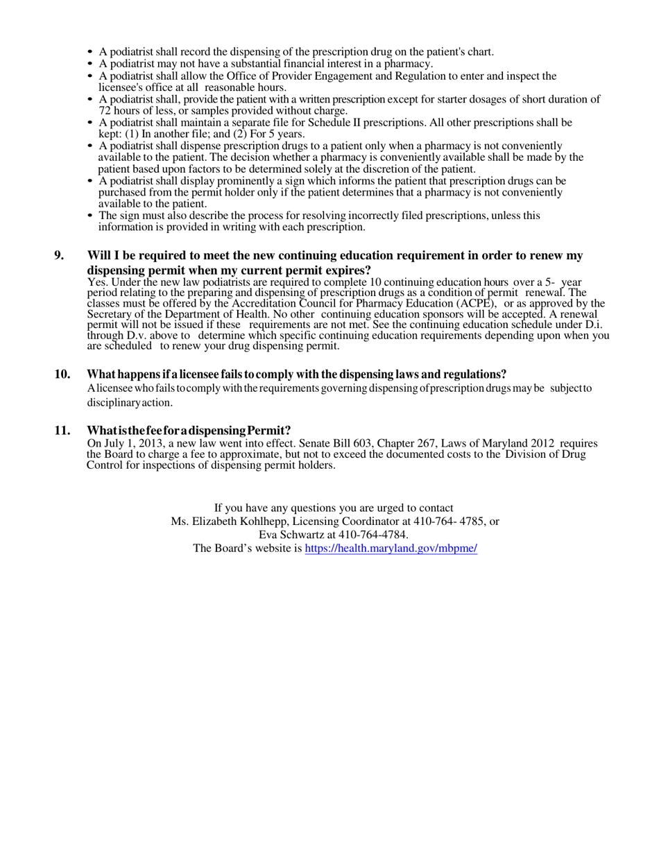 Initial and Renewal Application for Podiatrist Permit to Dispense Prescription Drugs - Maryland, Page 4
