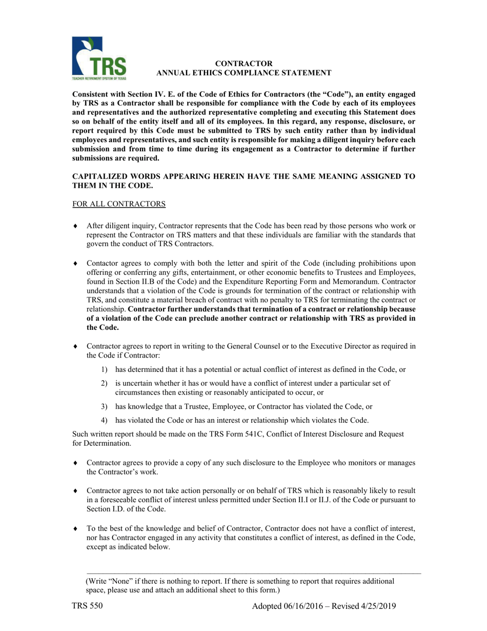Form TRS550 Contractor Annual Ethics Compliance Statement - Texas, Page 1