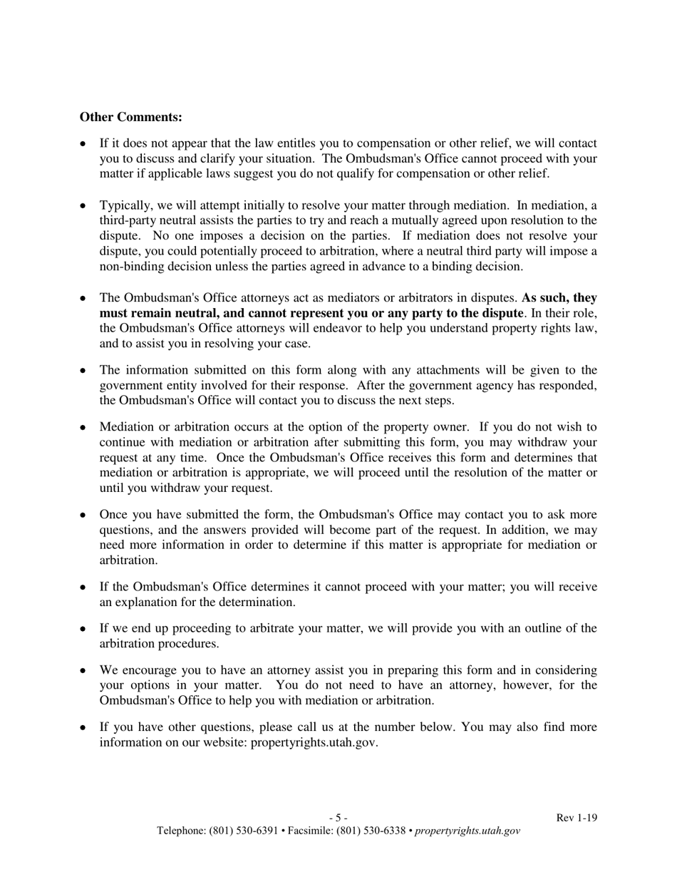Request for Mediation / Arbitration and Property Owners Statement - Utah, Page 5