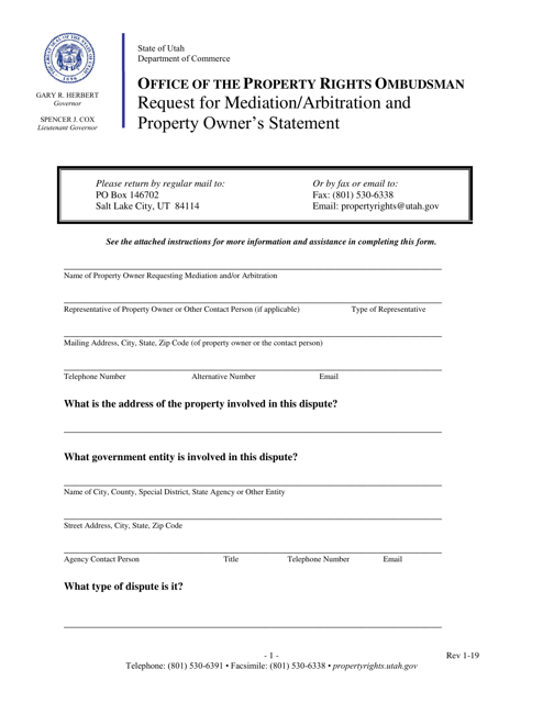 Request for Mediation / Arbitration and Property Owner's Statement - Utah Download Pdf