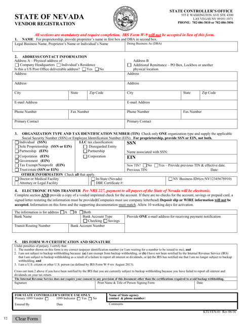 Form KTLVEN-01 State of Nevada Vendor Registration - Nevada