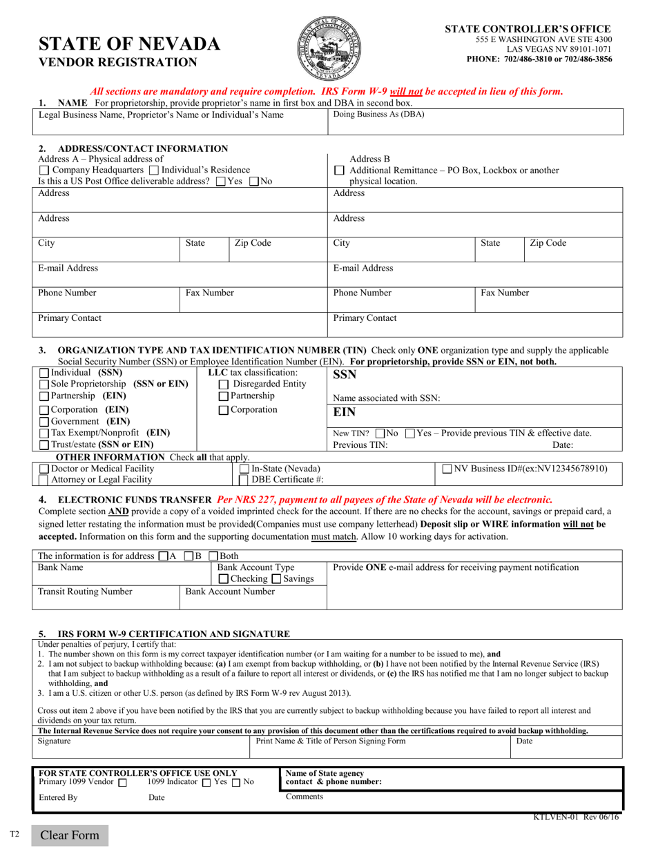 Form KTLVEN-01 State of Nevada Vendor Registration - Nevada, Page 1