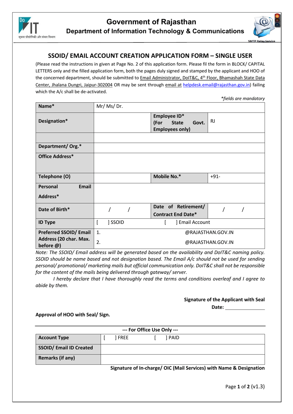 Ssoid / Email Account Creation Application Form - Single User - Rajasthan, India, Page 1