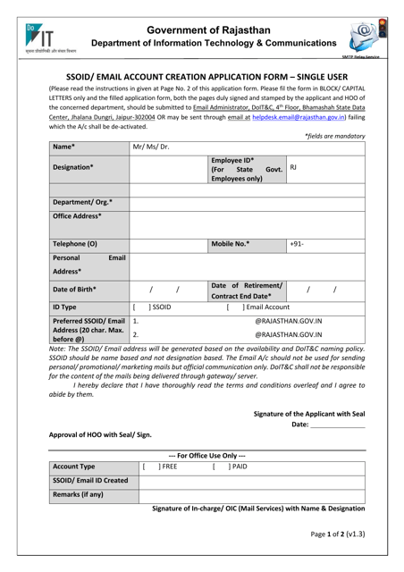 Ssoid / Email Account Creation Application Form - Single User - Rajasthan, India Download Pdf