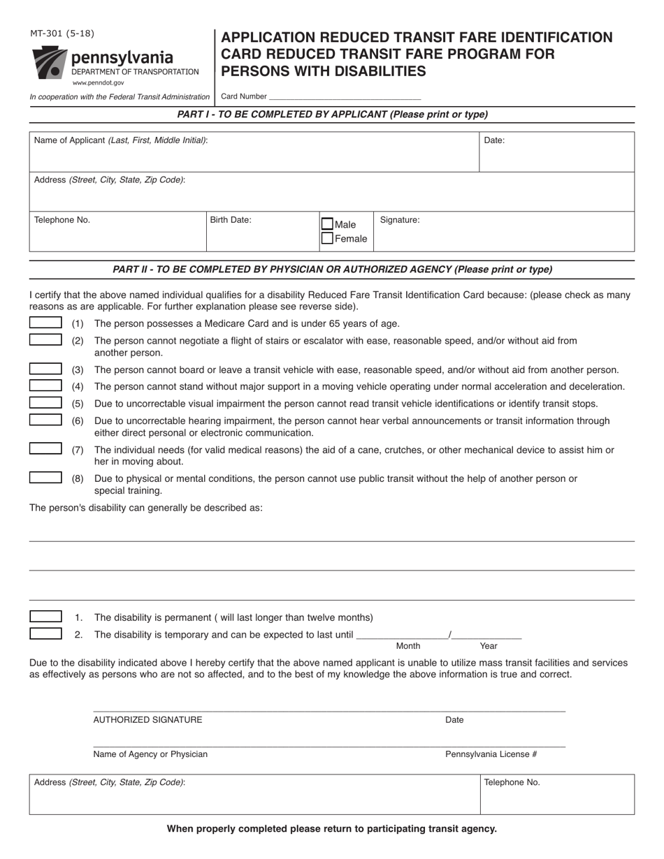 Form MT-301 Application Reduced Transit Fare Identification Card Reduced Transit Fare Program for Persons With Disabilities - Pennsylvania, Page 1
