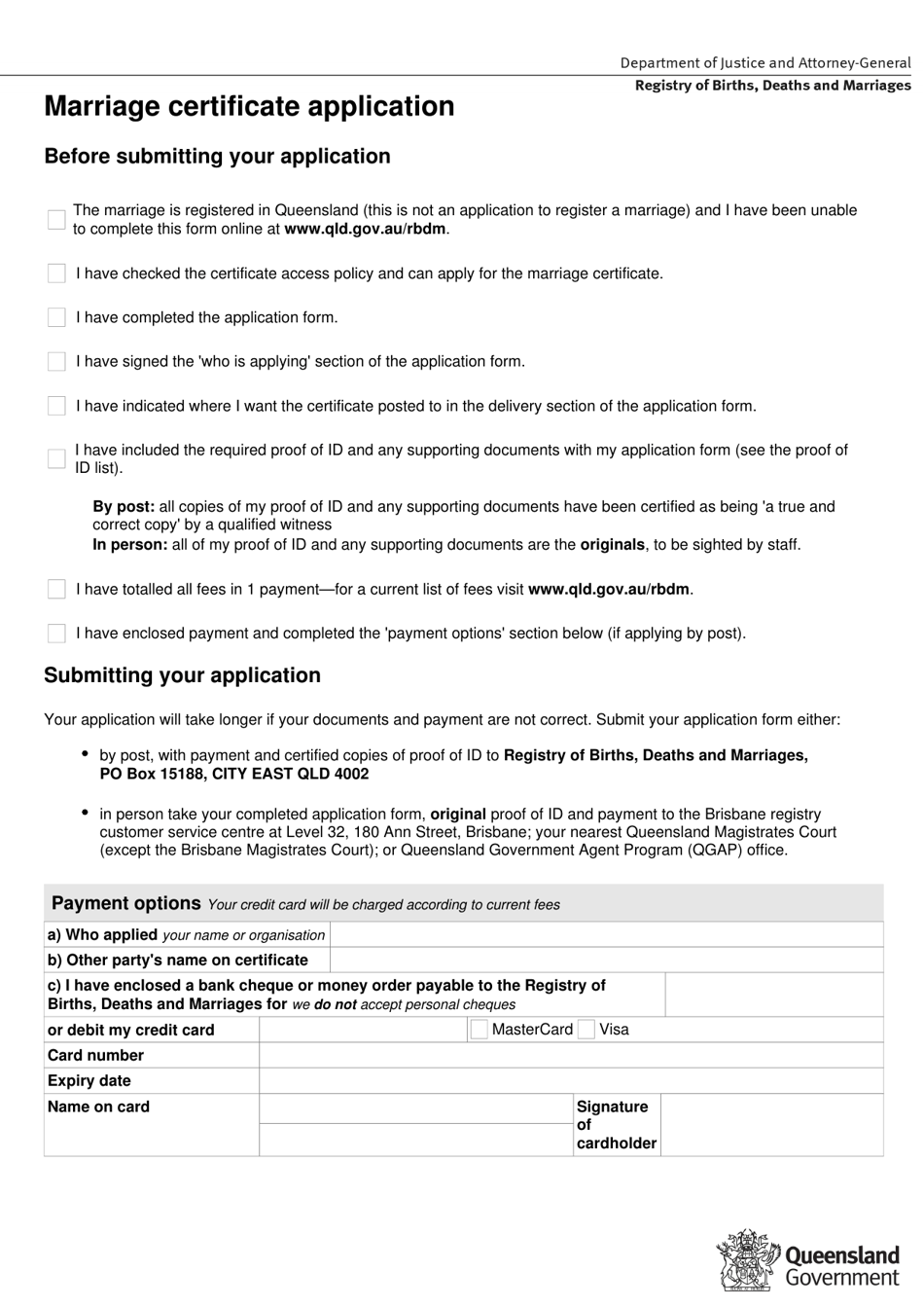 Marriage Certificate Application - Queensland, Australia, Page 1