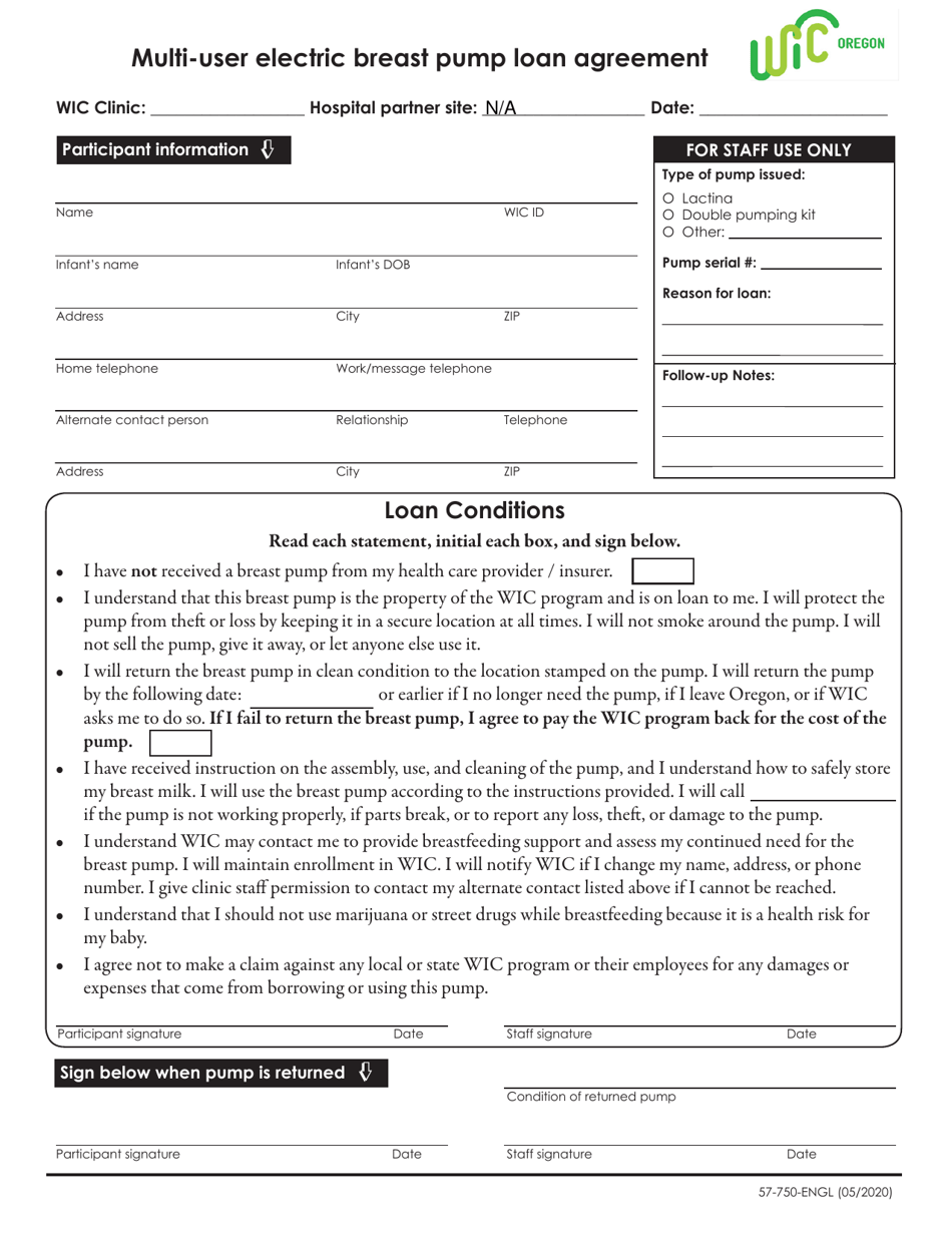 Form 57-750-ENGL Multi-User Electric Breast Pump Loan Agreement - Oregon, Page 1