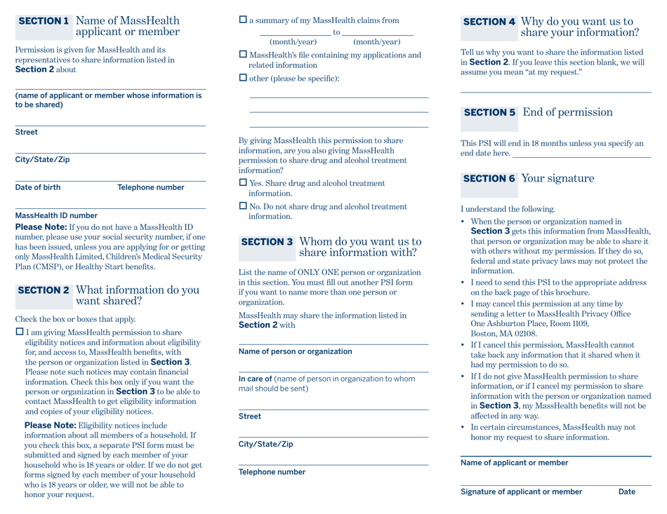 Permission to Share Information (Psi) Form - Massachusetts, Page 2