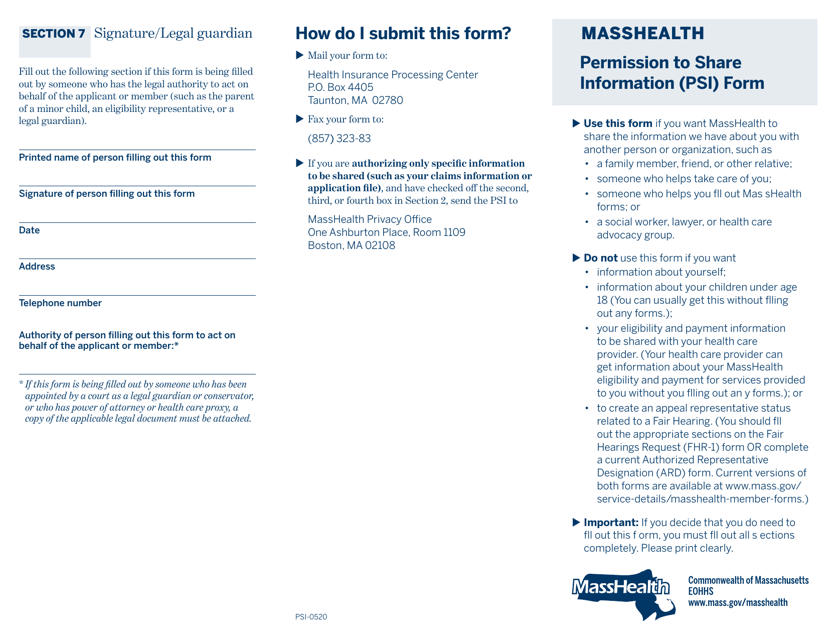 Document preview: Permission to Share Information (Psi) Form - Massachusetts