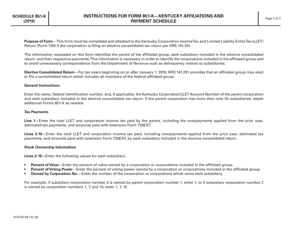 Form 41A720-S4 Schedule 851-K Kentucky Affiliations and Payment Schedule - Kentucky, Page 2