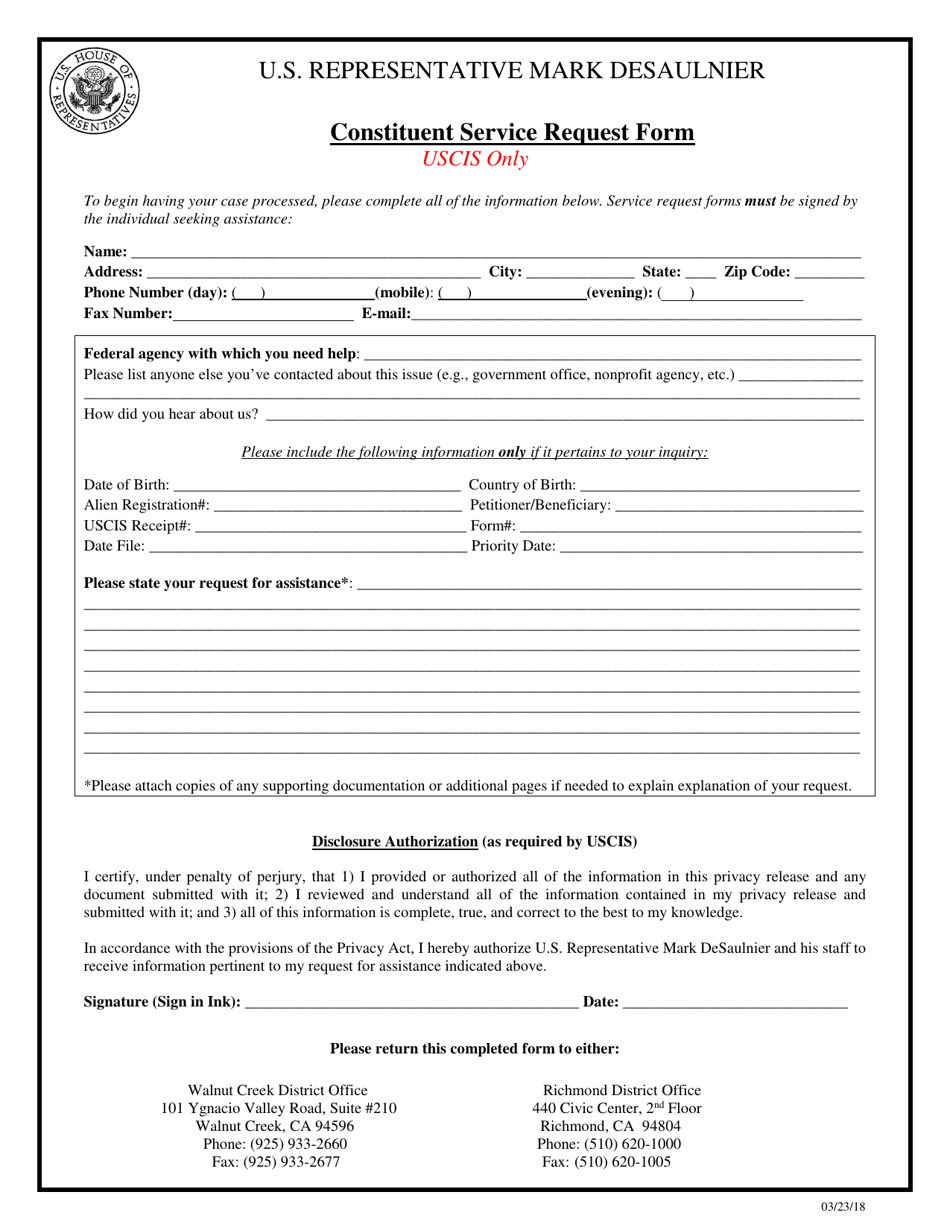 U.S. Representative Mark Desaulnier Constituent Service Request Form, Page 1