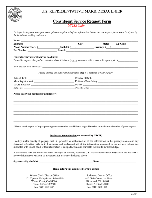 U.S. Representative Mark Desaulnier Constituent Service Request Form