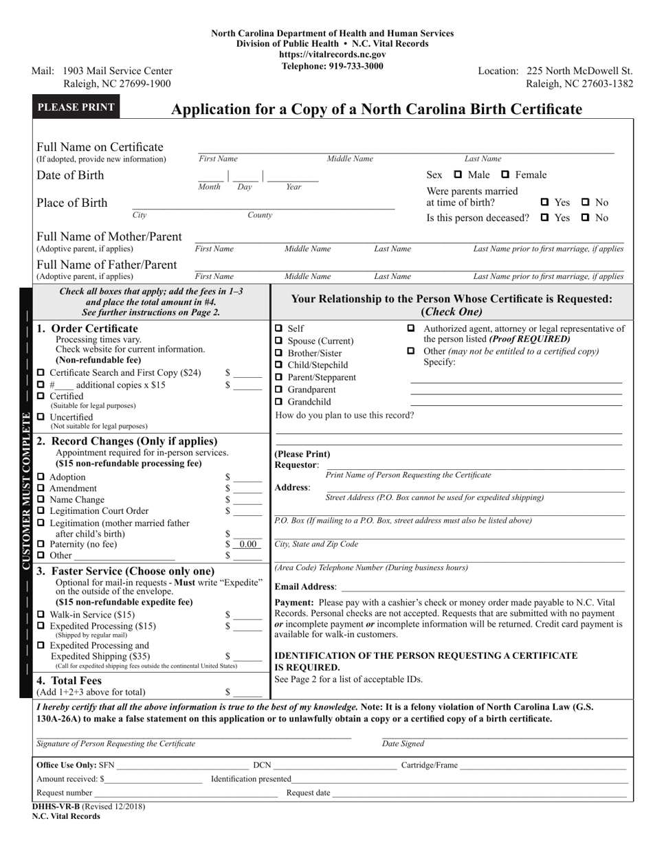 Form DHHS-VR-B Application for a Copy of a North Carolina Birth Certificate - North Carolina, Page 1