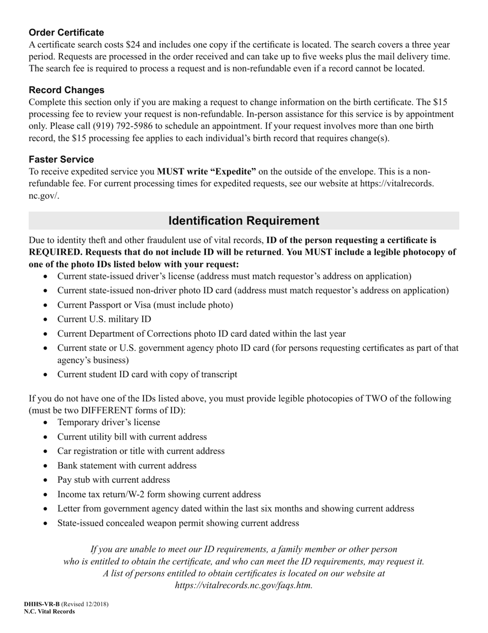 Form DHHS-VR-B Application for a Copy of a North Carolina Birth Certificate - North Carolina, Page 2