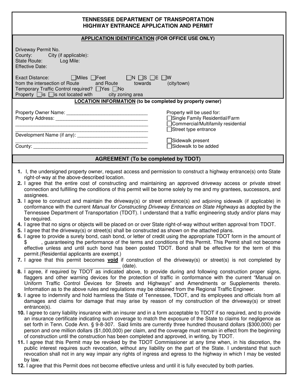 Highway Entrance Application and Permit - Tennessee, Page 1