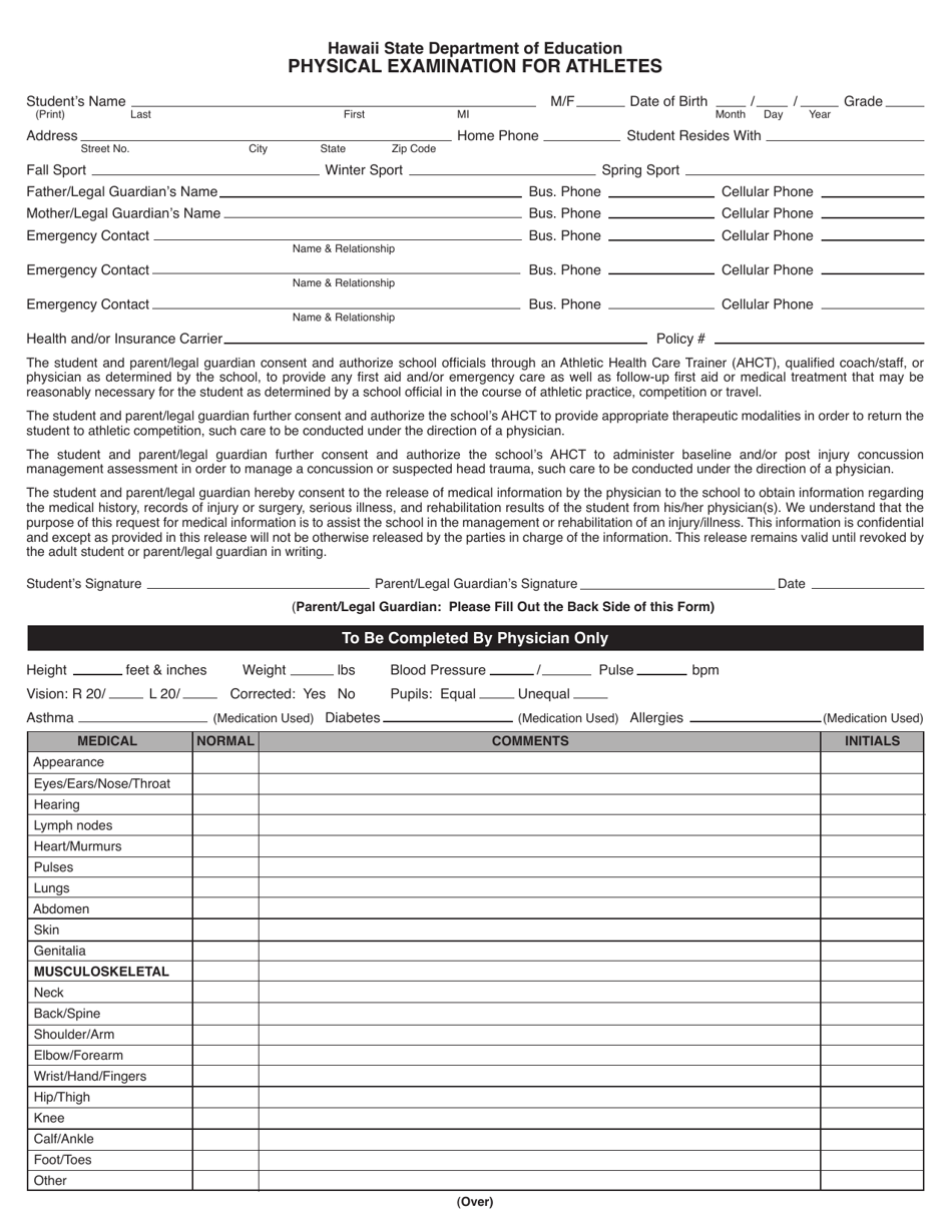 Form RS13-1286 Physical Examination for Athletes - Hawaii, Page 3